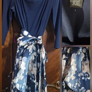 R&M Richards Navy and White Floral Asymmetrical Dress with Sash